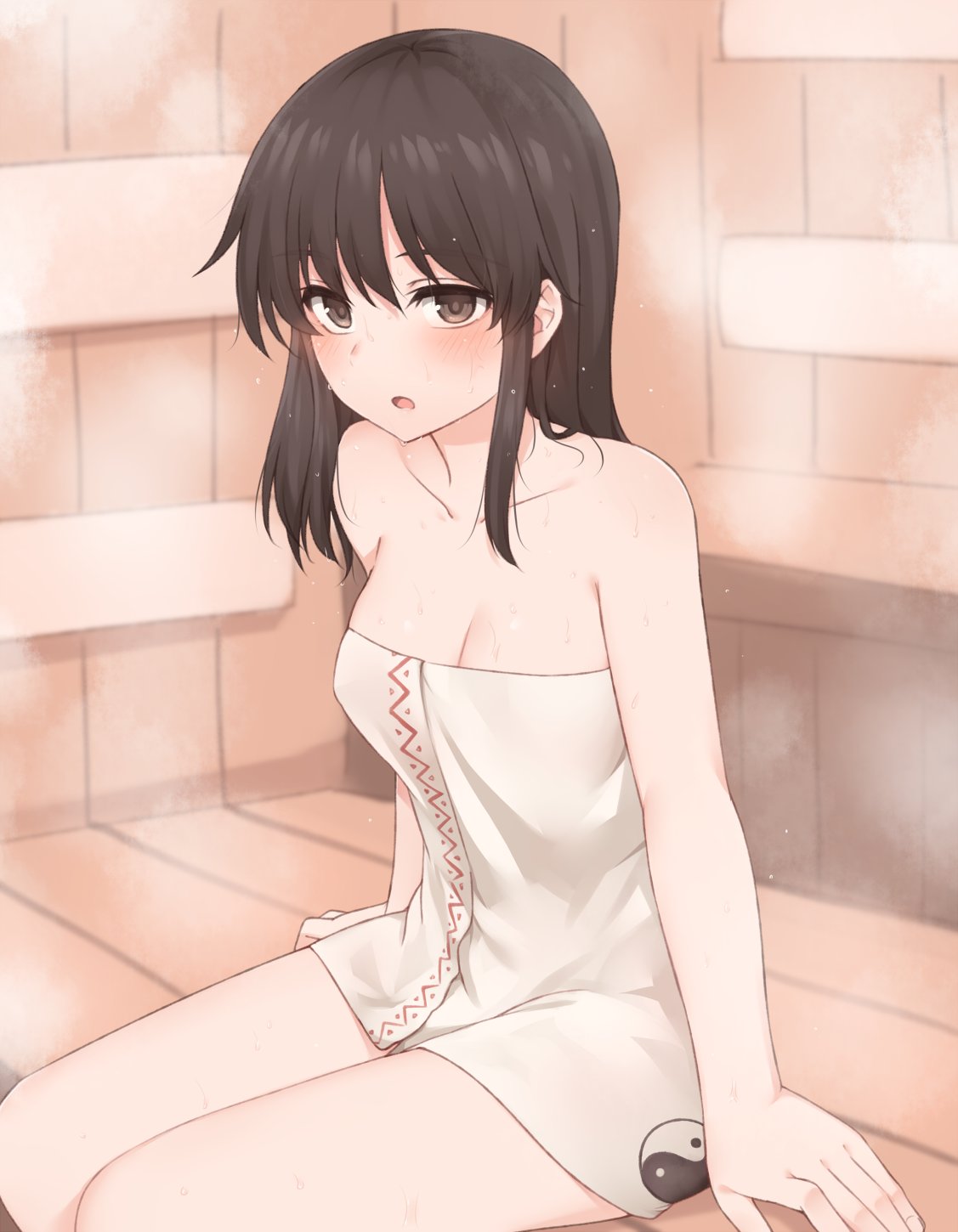 1girl bare_arms bare_shoulders black_hair blush breasts brown_eyes collarbone commentary_request hakurei_reimu highres indoors long_hair looking_at_viewer medium_breasts miyo_(ranthath) naked_towel open_mouth sauna sitting solo steam touhou towel water_drop wet wet_hair yin_yang