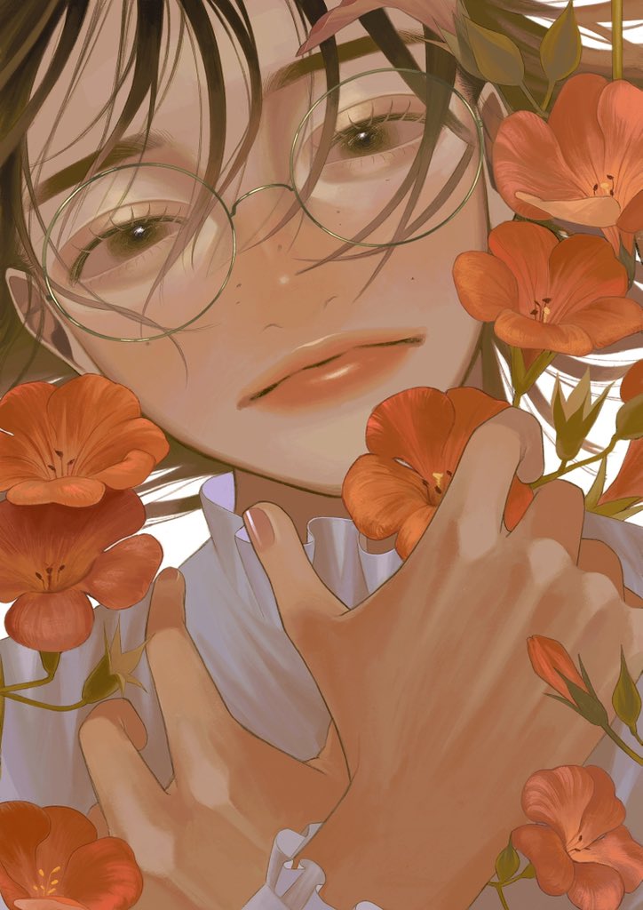 1girl brown_eyes brown_hair commentary_request flower freckles frilled_shirt_collar frilled_sleeves frills glasses hands_up lips long_sleeves looking_at_viewer original red_flower shirt simple_background solo tori_no_3046 upper_body white_background white_shirt