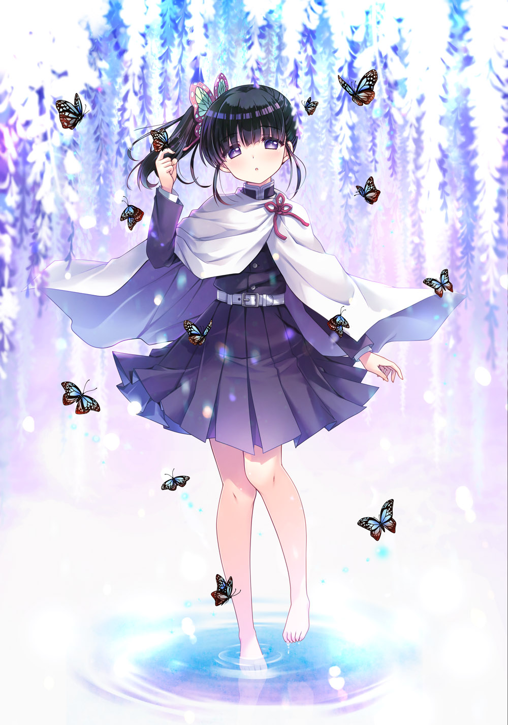 1girl :o arm_up bangs bare_legs barefoot belt belt_buckle black_hair black_jacket blunt_bangs blush buckle bug butterfly butterfly_hair_ornament butterfly_on_hand buttons cloak closed_mouth commentary_request eyebrows_visible_through_hair flower full_body hair_ornament highres ikegami_akane jacket katana kimetsu_no_yaiba knees long_hair long_sleeves looking_at_viewer pink_flower pleated_skirt red_rope reflection ripples rope school_uniform shirt side_ponytail sidelocks skirt solo sword tsuyuri_kanao violet_eyes water weapon white_belt white_cloak white_shirt wisteria