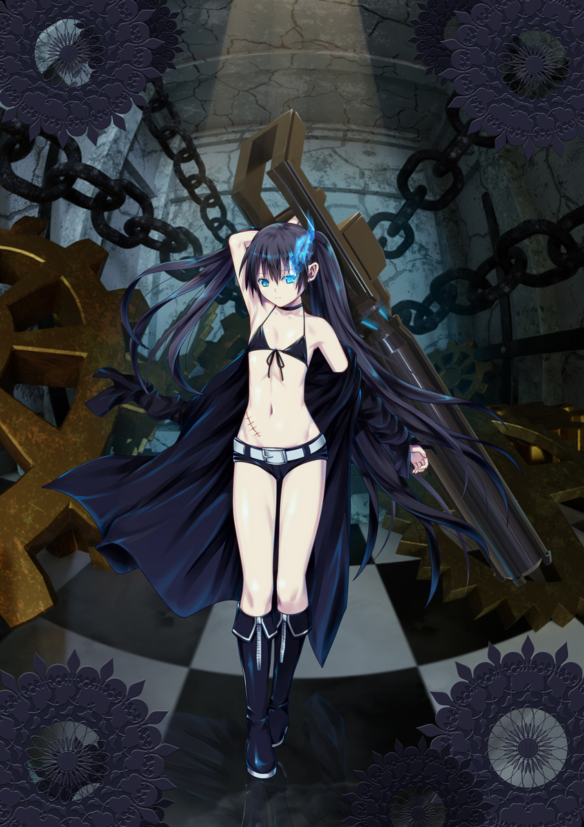 1girl ano_hito armpits bare_legs belt black_bra black_coat black_footwear black_hair black_rock_shooter black_rock_shooter_(character) black_shorts boots bra chain coat front-tie_top gears glowing glowing_eye highres holding holding_weapon indoors knee_boots long_hair looking_at_viewer scar short_shorts shorts solo tile_floor tiles underwear weapon white_belt