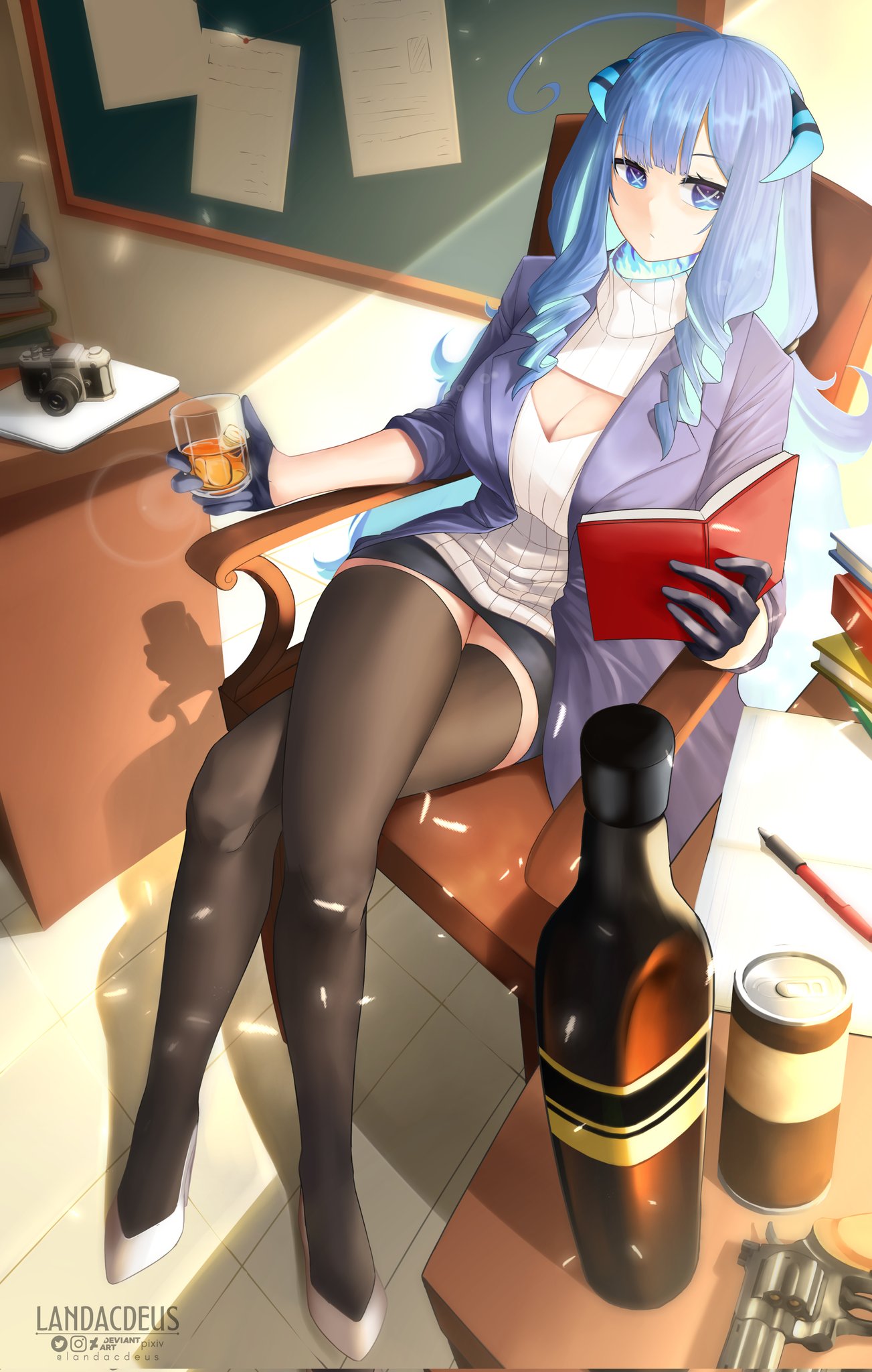 1girl ahoge alcohol black_gloves book bottle breasts camera chair cleavage_cutout clothing_cutout commission crossed_legs cup drill_hair drill_locks drink drinking_glass dullahan glass gloves gun high_heels highres horns ice ice_cube jacket landacdeus large_breasts liquor long_hair prism_project revolver rikudou_yura second-party_source sidelocks skeb_commission sweater thigh-highs turtleneck turtleneck_sweater virtual_youtuber weapon whiskey x-shaped_pupils x_x