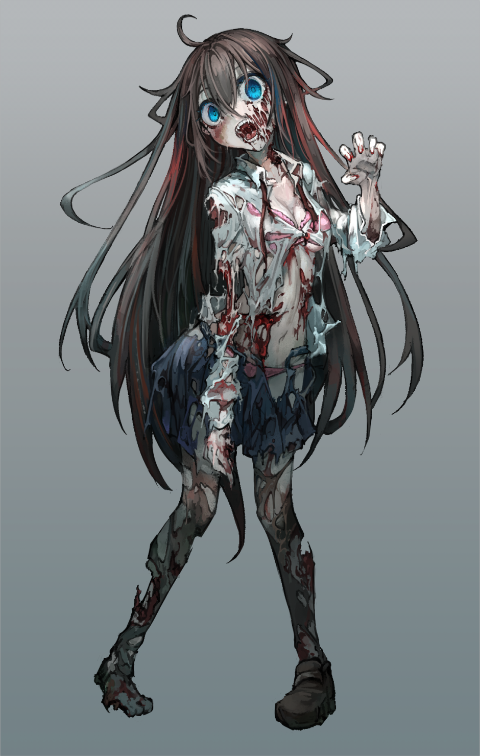 1girl black_legwear blank_stare blood blood_on_clothes blood_on_face blood_on_hands blood_on_leg blue_eyes blue_skirt bra brown_footwear brown_hair claw_pose collarbone collared_shirt commentary exposed_bone fangs full_body gradient gradient_background grey_background guro hair_between_eyes hand_up highres injury kajaneko loafers long_hair long_sleeves looking_at_viewer messy_hair multicolored_hair navel open_clothes open_mouth open_shirt original pale_skin panties pigeon-toed pink_bra pink_panties pleated_skirt red_ribbon redhead ribbon rotting shirt shoes single_shoe skirt solo standing streaked_hair tachi-e torn_clothes torn_legwear torn_shirt torn_skirt underwear undone_neck_ribbon very_long_hair white_shirt zombie