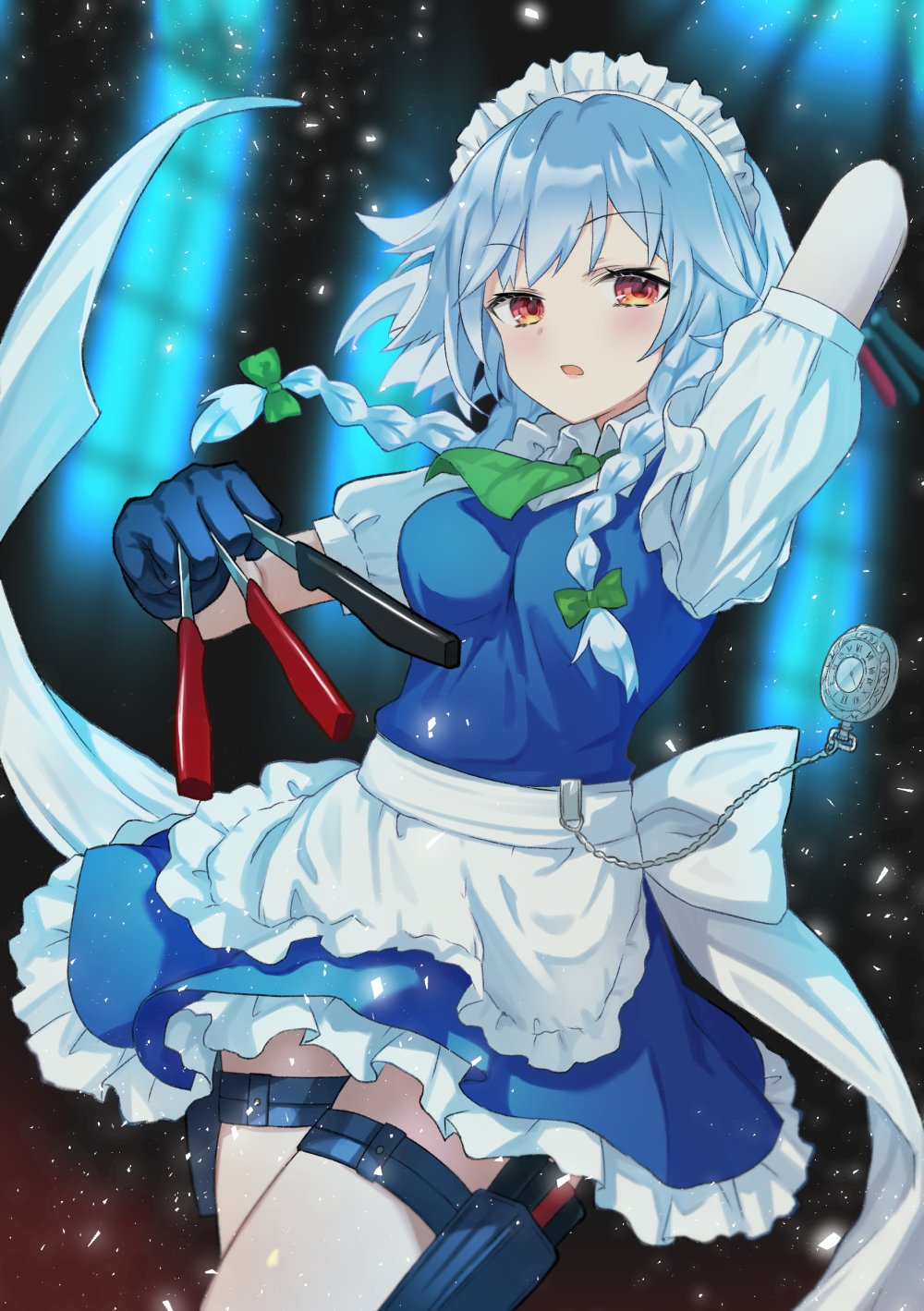 1girl ahase_hino apron arm_up ascot back_bow bangs between_fingers blue_dress blue_gloves blush bow braid breasts collared_shirt commentary_request dress eyebrows_visible_through_hair eyelashes feet_out_of_frame frilled_apron frilled_dress frills gloves green_ascot hair_between_eyes hair_ribbon highres holding holding_knife holster izayoi_sakuya knife knife_holster knives_between_fingers maid maid_apron maid_headdress medium_breasts open_mouth pocket_watch puffy_short_sleeves puffy_sleeves red_eyes ribbon sash shiny shiny_hair shirt short_hair short_sleeves sidelocks silver_hair solo standing thigh_holster thighs touhou tress_ribbon twin_braids watch white_apron white_gloves white_sash white_shirt window wing_collar wrist_cuffs