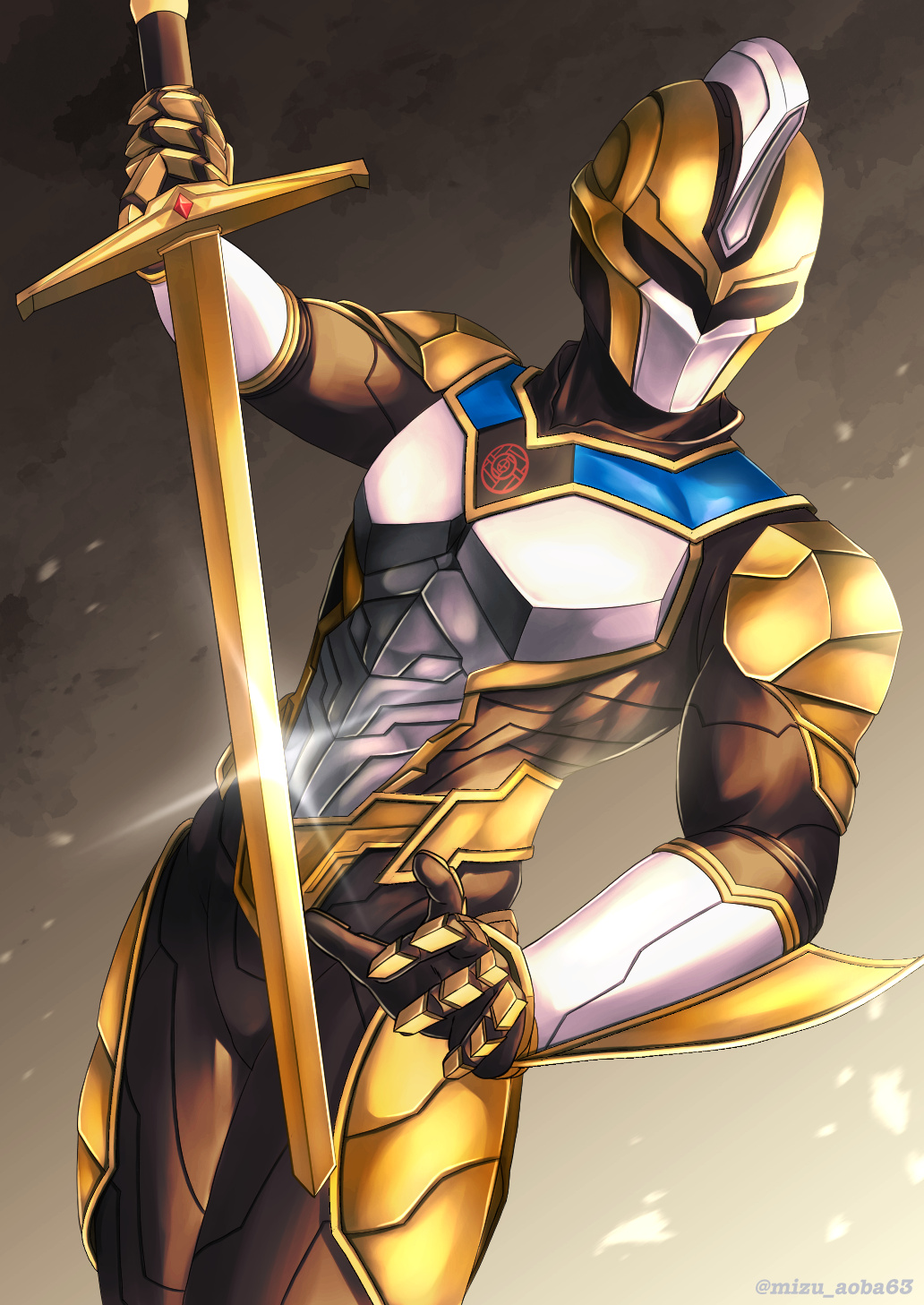 1boy absolute_titan alien arm_blade armor breastplate full_armor gloves gold_armor highres holding holding_sword holding_weapon knight long_sword looking_at_viewer pauldrons piaceen3870 shoulder_armor sword tokusatsu ultra_galaxy_fight:_the_destined_crossroad ultra_series weapon