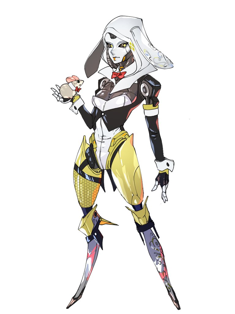 1girl abyuramu_yukidaruma alternate_costume android animal apex_legends ash_(titanfall_2) black_gloves black_sclera bow bowtie colored_sclera fingerless_gloves gloves holding holding_animal leotard looking_down open_hand playboy_bunny rat red_bow science_fiction solo white_background white_leotard yellow_eyes