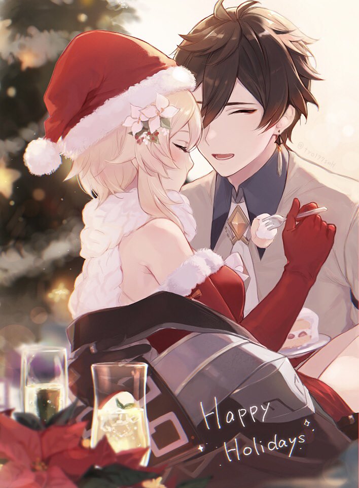 1boy 1girl alternate_costume bangs black_hair blush breasts brown_hair cake christmas christmas_tree closed_eyes cup dress earrings elbow_gloves flower food fork fur_trim genshin_impact gloves gradient_hair hair_between_eyes hair_flower hair_ornament happy_holidays hat hetero holding holding_fork jewelry lumine_(genshin_impact) multicolored_hair open_mouth parted_lips plate red_dress red_flower red_gloves santa_costume santa_hat short_hair_with_long_locks single_earring tyo197snh white_flower zhongli_(genshin_impact)