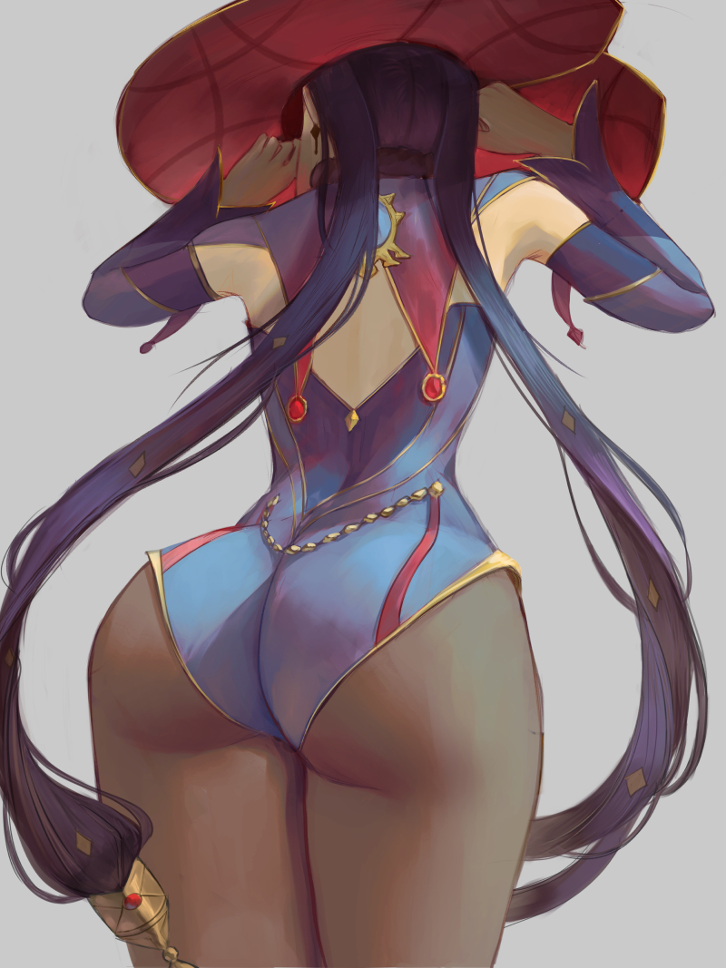 1girl ass black_hair blue_headwear blue_leotard bodystocking bodysuit bodysuit_under_clothes cape earrings facing_away from_behind fur_collar genshin_impact gold_trim hat hat_ornament highleg highleg_leotard ignite_(artist) jewelry leotard long_hair mona_(genshin_impact) pantyhose purple_cape purple_headwear purple_leotard simple_background solo sparkle_print star_(symbol) star_earrings thighlet twintails vision_(genshin_impact) white_background witch_hat