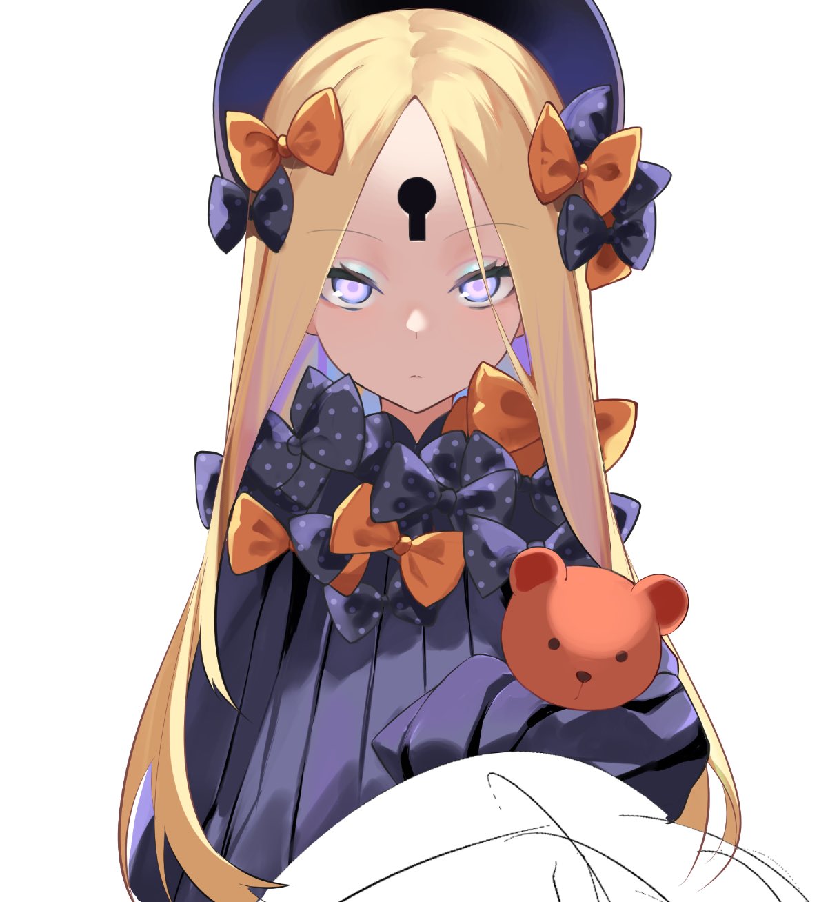 1girl abigail_williams_(fate) bangs black_bow black_dress black_headwear blonde_hair blue_eyes blush bow breasts dress fate/grand_order fate_(series) forehead hair_bow hat highres keyhole long_hair long_sleeves looking_at_viewer multiple_bows orange_bow parted_bangs polka_dot polka_dot_bow ribbed_dress sleeves_past_fingers sleeves_past_wrists small_breasts spider_apple stuffed_animal stuffed_toy teddy_bear