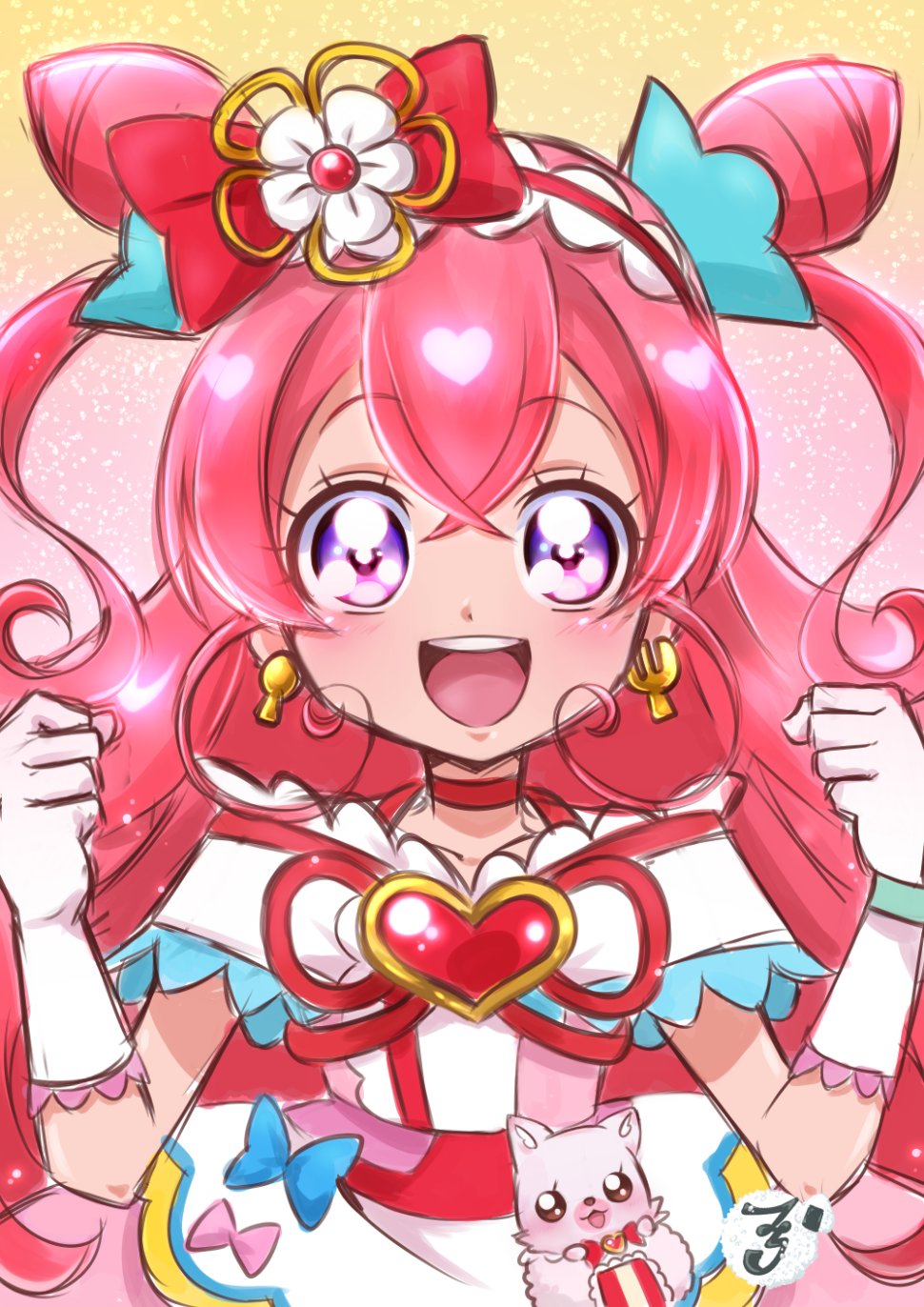 1girl bow choker cure_precious delicious_party_precure earrings fighiro gloves hair_bow hair_cones heart_brooch highres huge_bow jewelry kome-kome_(precure) magical_girl nagomi_yui open_mouth pink_choker pink_hair precure red_bow smile upper_body violet_eyes white_gloves