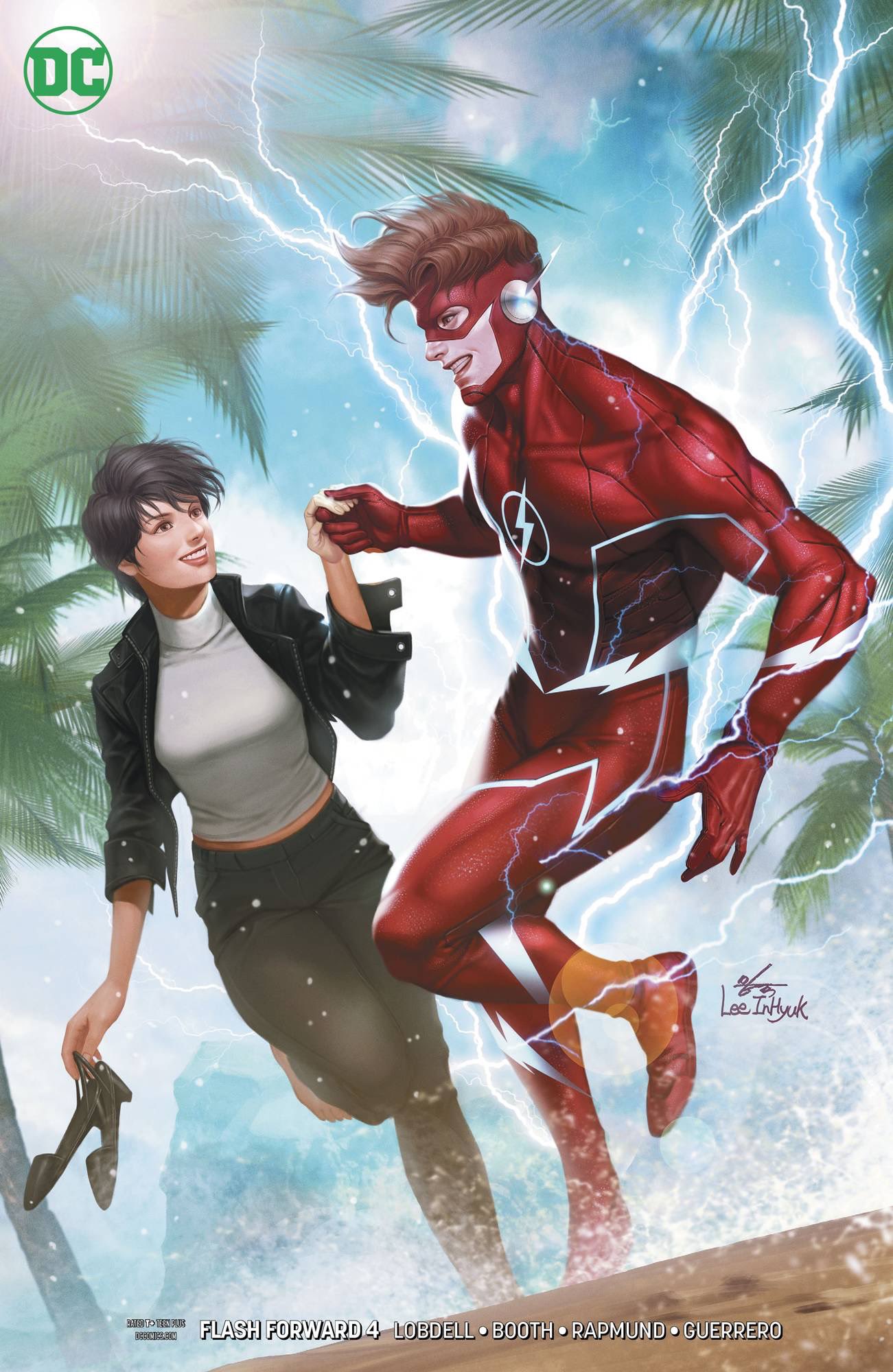 1boy 1girl barefoot beach black_hair bodysuit breasts couple dc_comics full_body grin happy head_tilt hetero highres holding holding_shoes husband_and_wife in-hyuk_lee jacket leather leather_jacket lightning linda_park looking_at_another muscular muscular_male open_clothes open_jacket outdoors palm_tree pants red_bodysuit redhead sandals sandals_removed shoes short_hair signature smile standing standing_on_one_leg superhero teeth the_flash the_flash_(series) tree wally_west water