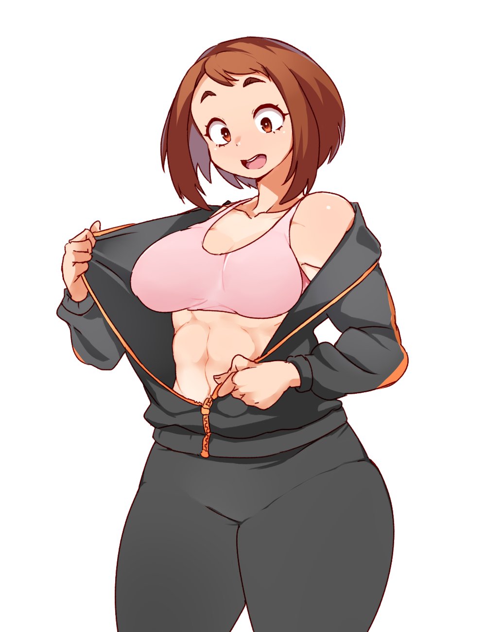 1girl abs boku_no_hero_academia brown_eyes brown_hair collarbone cowboy_shot hanzo_(2929) highres open_mouth pink_sports_bra short_hair simple_background solo sports_bra thick_thighs thighs toned track_suit uraraka_ochako white_background zipper