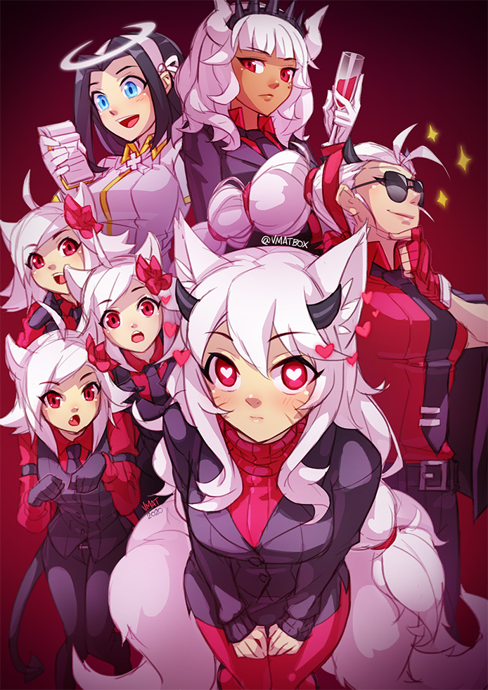 6+girls ahoge ahri_(league_of_legends) angel animal_ear_fluff animal_ears armband artist_name azazel_(helltaker) belt black_gloves black_legwear black_necktie black_skirt blue_eyes breasts cerberus_(helltaker) closed_mouth collared_shirt cosplay crossover cup dark-skinned_female dark_skin demon_girl demon_horns demon_tail dog_ears dog_girl english_commentary eyebrows_visible_through_hair facial_mark fingerless_gloves flower formal fox_ears fox_girl gloves gold_trim gradient gradient_background hair_between_eyes hair_flower hair_ornament halo hands_on_own_knees heart heart-shaped_pupils helltaker holding holding_cup holding_notepad horns justice_(helltaker) kitsune knees_together_feet_apart league_of_legends light_blush long_sleeves looking_at_viewer lucifer_(helltaker) lux_(league_of_legends) modeus_(helltaker) mole mole_under_eye multiple_girls necktie neeko_(league_of_legends) notepad open_mouth paw_pose ponytail qiyana_(league_of_legends) red_background red_eyes red_gloves red_legwear red_sweater shaded_face shirt skirt sparkle standing suit sunglasses sweater symbol-shaped_pupils tail teeth tied_hair upper_teeth vayne_(league_of_legends) vmat whisker_markings white_gloves white_hair