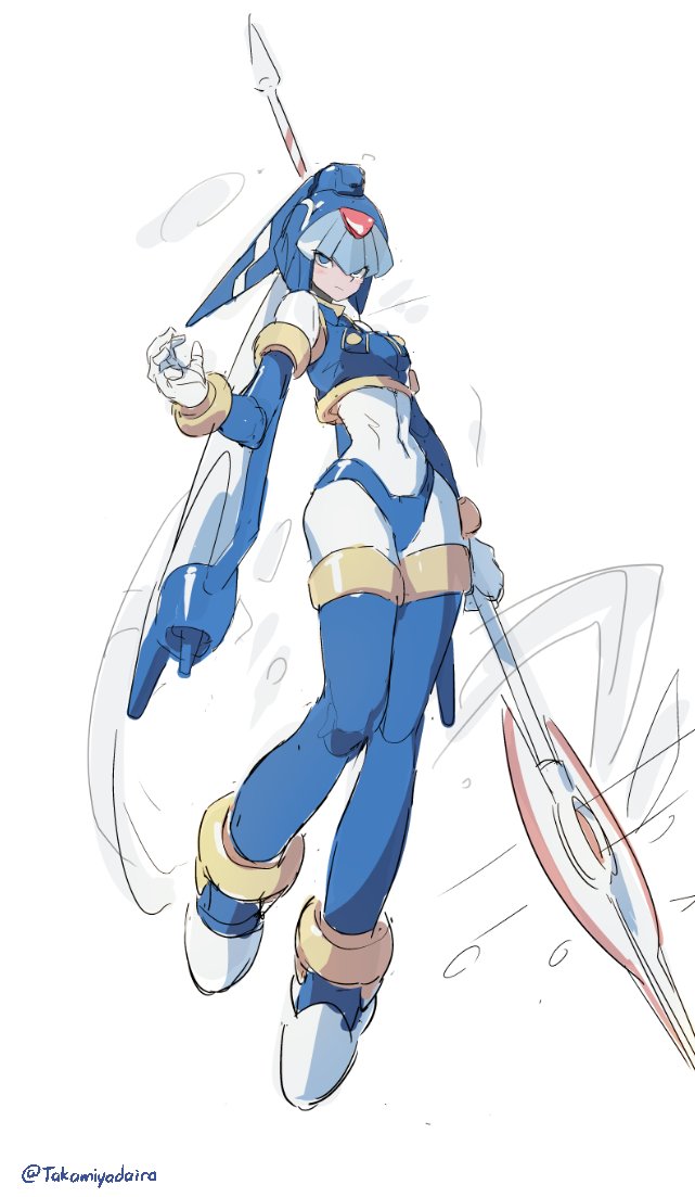 1girl android bangs blue_eyes blue_hair bodysuit boots breasts closed_mouth commentary frown full_body gloves helmet high_heels holding holding_weapon leviathan_(mega_man) mega_man_(series) mega_man_zero polearm solo takamiyadaira thigh-highs thigh_boots weapon