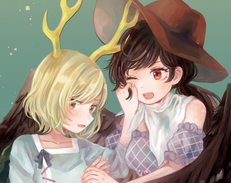 2girls antlers bangs bare_shoulders blonde_hair blue_bow blue_shirt blush bow breasts brown_hair brown_headwear commentary_request cowboy_hat dress eyebrows_visible_through_hair fingernails green_background hair_between_eyes hand_on_another's_face hand_up hands_up hat kicchou_yachie kurokoma_saki long_hair long_sleeves looking_at_another looking_at_viewer medium_breasts mozukuzu_(manukedori) multicolored_clothes multicolored_dress multiple_girls off-shoulder_dress off_shoulder one_eye_closed open_mouth pink_dress pink_nails ponytail puffy_short_sleeves puffy_sleeves purple_dress red_eyes scarf shirt short_hair short_sleeves simple_background smile teeth tongue touhou turtle_shell upper_body white_scarf wings