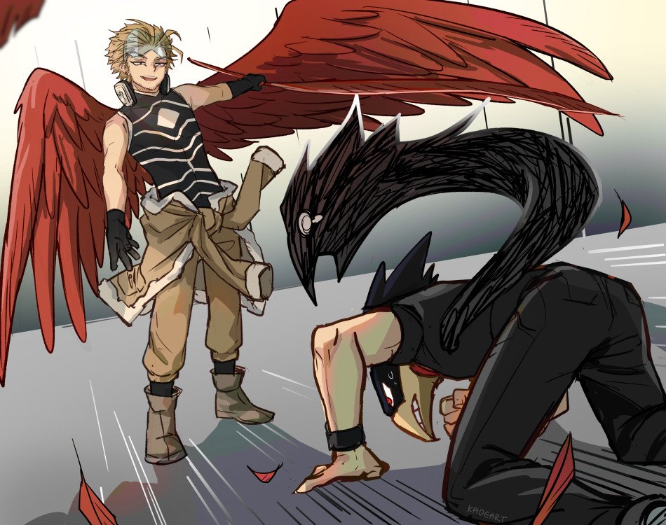 1other 2boys all_fours animal_head bird_boy black_feathers black_legwear black_pants black_shirt blonde_hair blurry boku_no_hero_academia choker clenched_hand clothes_around_waist costume dark_shadow depth_of_field emphasis_lines eyewear_on_head facial_hair facial_mark feather_sword feathered_wings feathers fur-trimmed_jacket fur_trim gloves hawks_(boku_no_hero_academia) headphones headphones_around_neck holding holding_sword holding_weapon jacket jacket_around_waist kadeart legs_apart male_focus multiple_boys outstretched_arms outstretched_hand pants red_eyes red_feathers red_neckwear red_wings shirt short_hair short_sleeves skin_tight sleeveless sleeveless_shirt spread_wings superhero sweatdrop sword teardrop tokoyami_fumikage twitter_username unconventional_weapon weapon wings wristband