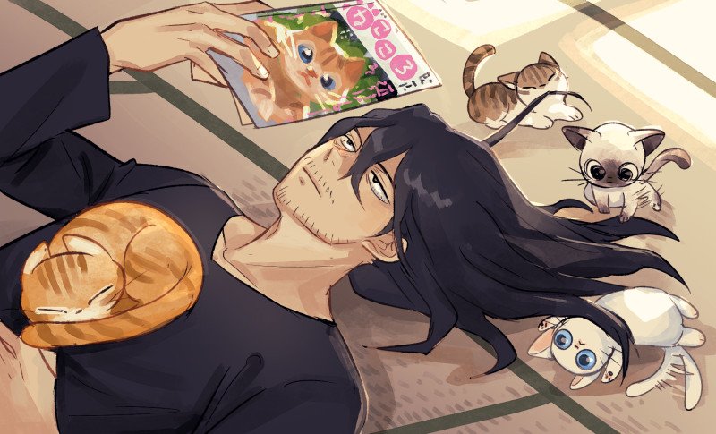 1boy animal bangs black_hair black_shirt bloodshot_eyes boku_no_hero_academia book brown_cat cat cat_on_chest curled_up day eraser_head_(boku_no_hero_academia) expressionless facial_hair hair_between_eyes half-closed_eyes holding holding_animal holding_book indoors kadeart kitten long_bangs long_hair long_sleeves lying male_focus messy_hair multiple_cats on_back on_floor open_book orange_cat playing_with_another's_hair reading scar scar_on_face shirt siamese_cat sleeping sleeping_on_person solo stubble sunlight tail tail_wagging tatami v-neck white_cat white_eyes