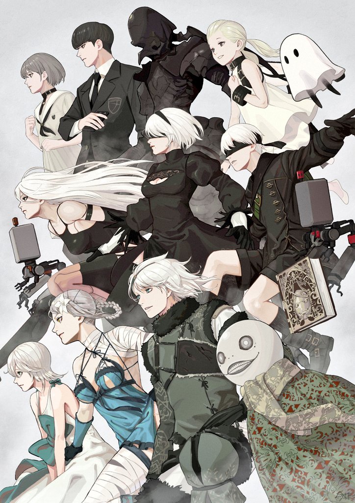 3boys 3others 6+girls akagi_hina android armlet asymmetrical_legwear bandaged_arm bandaged_leg bandaged_neck bandages bangs bare_shoulders black_blindfold black_choker black_dress black_footwear black_gloves black_hairband black_jacket black_legwear black_monster_(nier) black_necktie black_shorts blindfold blonde_hair blouse blue_eyes bob_cut book boots bow breasts cellphone character_request choker creator_connection cuffs detached_sleeves digitigrade dress elbow_gloves emil_(nier) feather-trimmed_sleeves fio_(nier) flat_chest flats flower fur-trimmed_sleeves fur_trim gloves grey_eyes grey_hair grimoire_weiss hair_flower hair_ornament hairband holding holding_phone imai5837 jacket joints juliet_sleeves kaine_(nier) lingerie long_hair long_sleeves lunar_tear mama_(nier) medium_breasts medium_hair mole mole_under_mouth monster multiple_boys multiple_girls multiple_others necktie negligee nier nier_(series) nier_(young) nier_automata nier_reincarnation parted_lips phone pod_(nier_automata) puffy_sleeves robot_joints scarf school_uniform series_connection short_hair shorts skirt smartphone tank_top thigh-highs thigh_boots twintails underwear white_dress white_hair yellow_eyes yonah yorha_no._9_type_s yorha_type_a_no._2