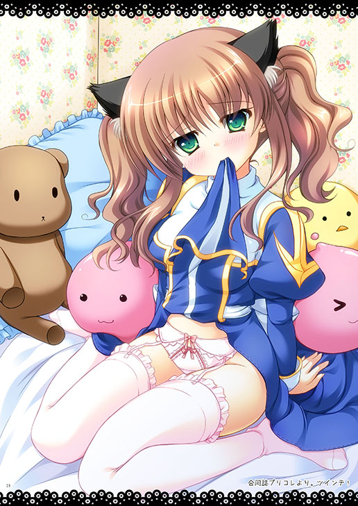 1girl :3 alternate_color animal_ear_fluff animal_ears bangs blue_dress blush bow bow_panties breasts brown_hair cat_ears closed_mouth clothes_lift commentary_request dress dress_lift eyebrows_visible_through_hair frilled_legwear frilled_pillow frills full_body furukawa_lemon garter_straps green_eyes high_priest_(ragnarok_online) juliet_sleeves lace_border lifted_by_self long_hair long_sleeves looking_at_viewer medium_breasts mouth_hold no_shoes on_bed panties pillow pink_bow poring puffy_sleeves ragnarok_online sash sitting solo stuffed_animal stuffed_chicken stuffed_toy teddy_bear thigh-highs two-tone_dress two_side_up underwear wallpaper_(object) wariza white_dress white_legwear white_panties white_sash