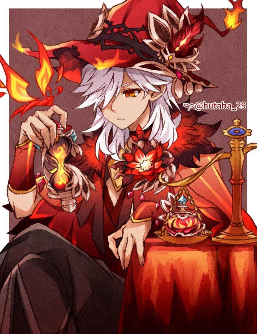 1boy artifact_(genshin_impact) black_pants bottle capelet closed_mouth cyno_(genshin_impact) dark-skinned_male dark_skin expressionless feathers fire flower fur-trimmed_capelet fur_trim genshin_impact hair_over_one_eye hat hat_feather hourglass hutaba_29 jacket long_hair male_focus pants red_capelet red_eyes red_headwear red_jacket red_theme sitting solo table weights white_hair witch_hat wrist_guards
