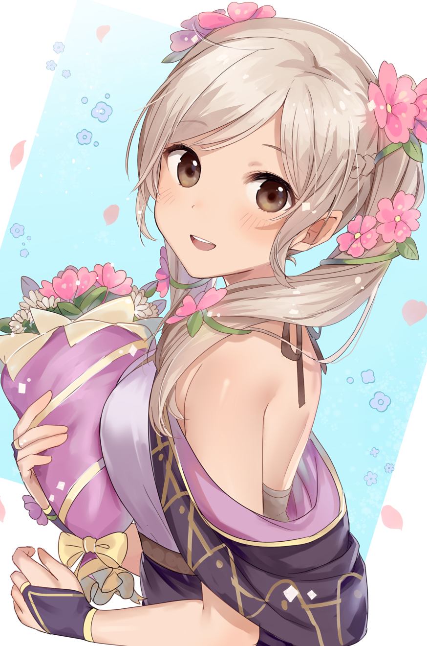 1girl alternate_costume bare_shoulders blue_background bouquet breasts brown_eyes fire_emblem fire_emblem_awakening fire_emblem_heroes flower from_side hair_flower hair_ornament haru_(nakajou-28) highres holding holding_bouquet long_hair looking_at_viewer looking_to_the_side medium_breasts official_alternate_costume pink_flower robin_(fire_emblem) robin_(fire_emblem)_(female) smile solo twintails upper_body white_flower white_hair