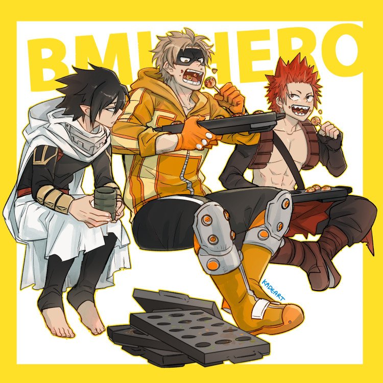 3boys abs amajiki_tamaki background_text baggy_pants bare_pectorals barefoot black_hair black_legwear black_pants black_shirt boku_no_hero_academia boots cape character_name cloak cup detached_sleeves eating eye_mask fat_gum_(boku_no_hero_academia) fingerless_gloves food gloves holding holding_cup holding_food holding_tray hood hooded_cape hooded_cloak hooded_track_jacket jacket kadeart kirishima_eijirou knee_boots knee_pads leaning_forward male_focus mask mask_around_neck masked mouth_mask multiple_boys open_mouth pants pectorals pointy_ears red_eyes redhead scar scar_across_eye scar_on_face sharp_teeth shirt short_hair shoulder_pads shoulder_strap sitting smile spiky_hair takoyaki teeth toothpick torn_cape torn_clothes track_jacket tray twitter_username two-tone_background waist_cape white_background yellow_background yellow_jacket