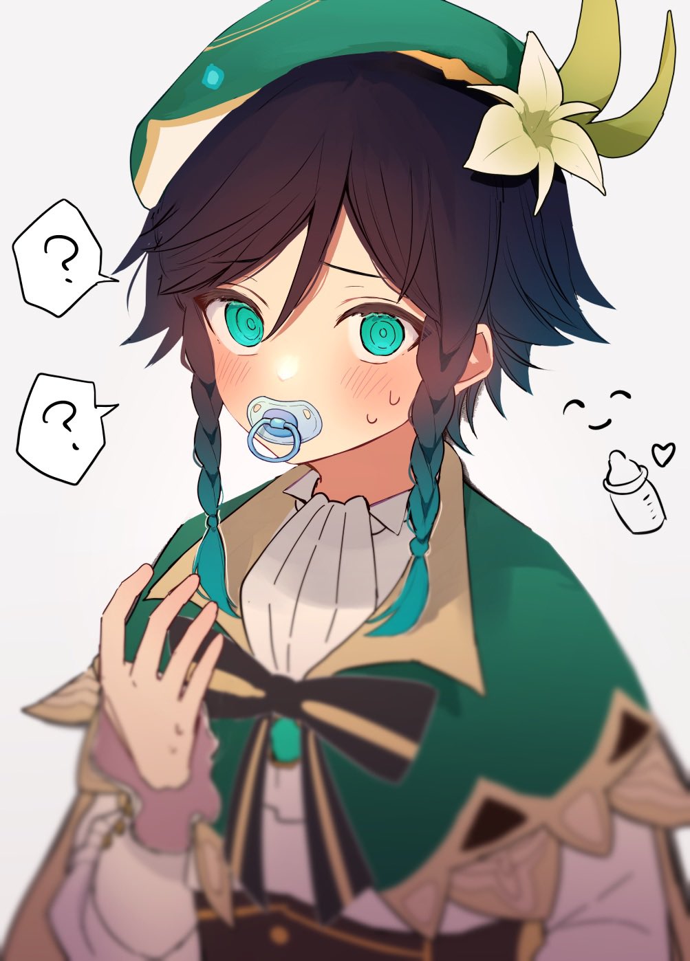 1boy ? androgynous aqua_eyes aqua_hair bangs bard beret black_hair blush braid brooch cape chiroron collared_cape flower frilled_sleeves frills genshin_impact gradient_hair green_cape green_headwear hat hat_flower highres jewelry male_focus multicolored_hair pacifier shirt short_hair_with_long_locks solo sweat symbol-only_commentary twin_braids venti_(genshin_impact) white_flower white_shirt