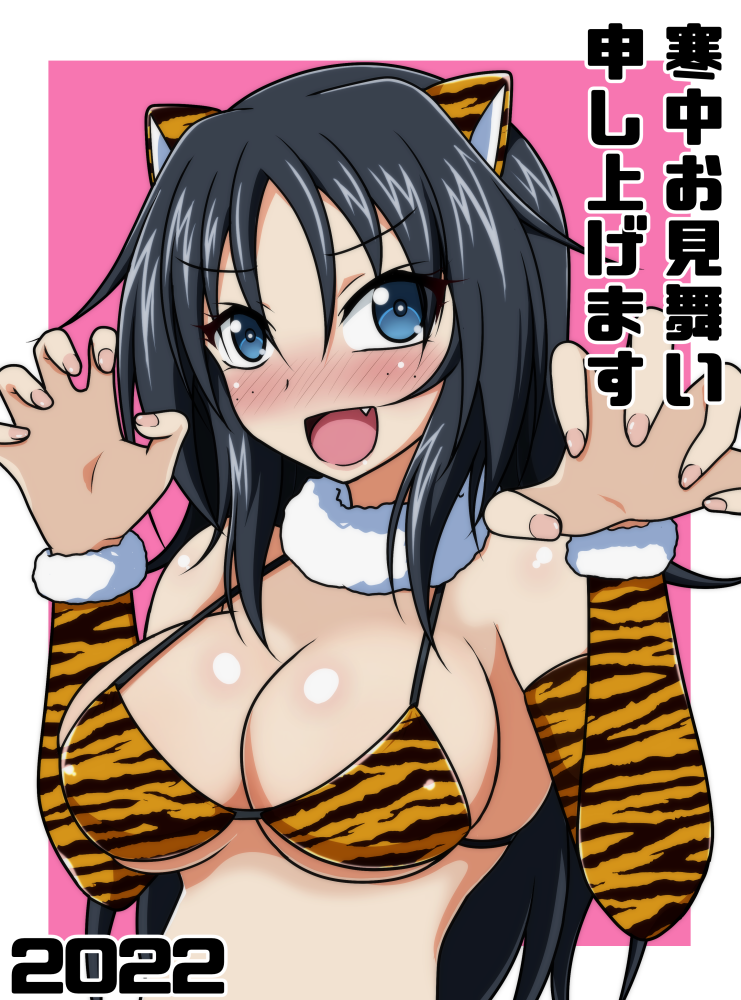 1girl 2022 animal_print arm_warmers bangs bikini black_hair blue_eyes blush breasts claw_pose commentary_request eyebrows_visible_through_hair fang freckles fur_collar girls_und_panzer halterneck izumi_(izumi_p) kanchuumimai large_breasts long_hair looking_at_viewer new_year open_mouth orange_bikini outside_border pink_background print_bikini smile solo swimsuit tiger_print translated upper_body yamagou_ayumi