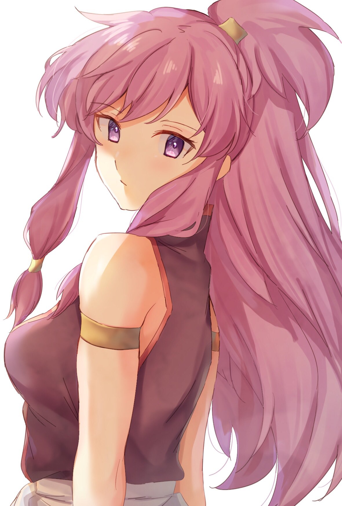 1girl armlet bangs bare_shoulders closed_mouth collared_dress dress edamameoka expressionless eyebrows_visible_through_hair fire_emblem fire_emblem:_the_sacred_stones from_side highres long_hair looking_at_viewer marisa_(fire_emblem) pink_hair ponytail upper_body violet_eyes white_background