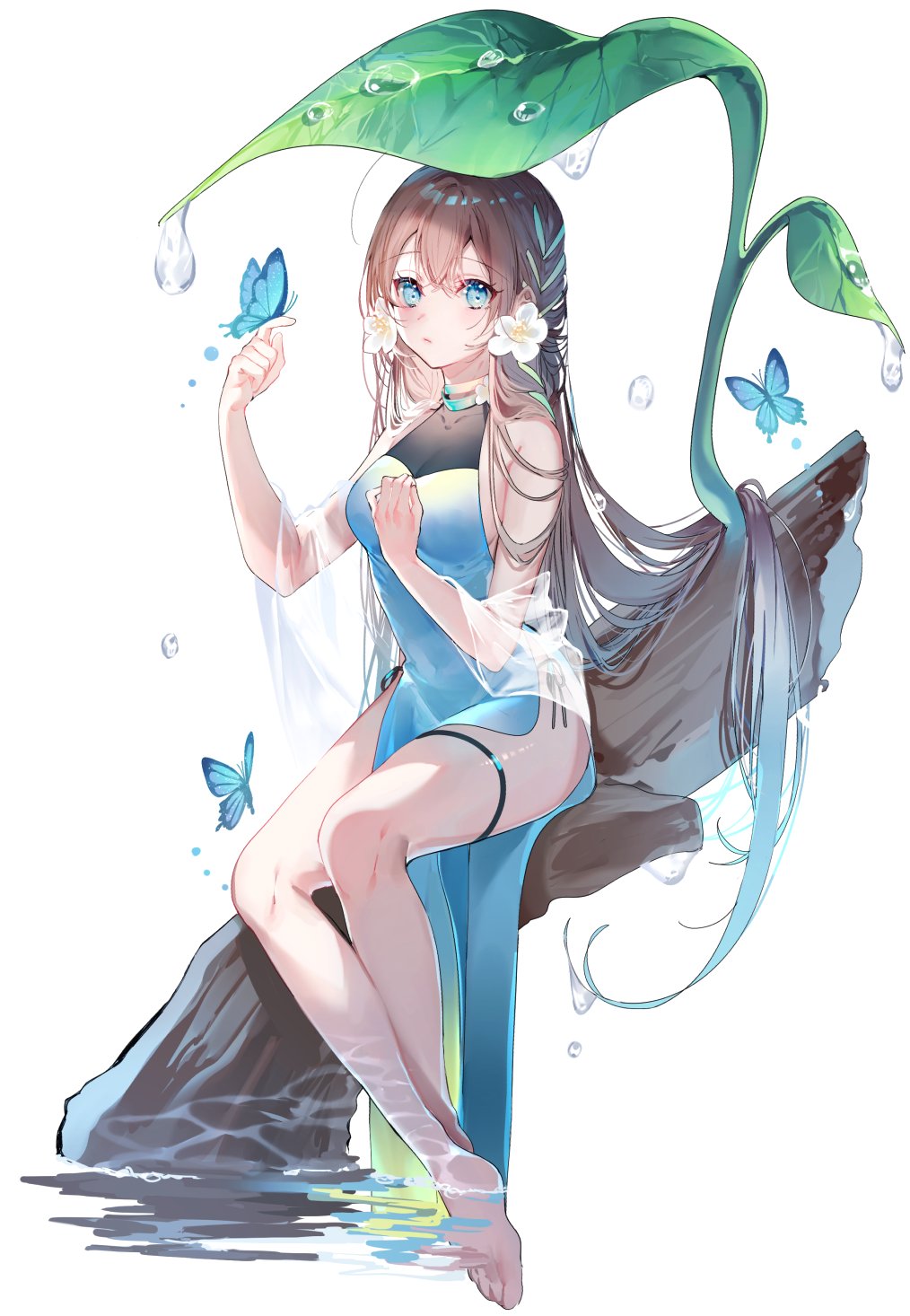1girl aqua_eyes aqua_hair aqua_ribbon bad_feet bangs bare_shoulders barefoot between_legs black_hair blue_dress blue_eyes blue_hair blush braid brown_hair bug butterfly butterfly_on_hand caustics colored_tips crossed_ankles dew_drop dress dripping flower french_braid full_body green_ribbon hair_flower hair_ornament hair_ribbon hand_on_own_chest highres in_tree leaf long_hair looking_at_viewer miwano_ragu multicolored_hair original panties pelvic_curtain redrawn ribbon ribbon_braid see-through shawl side-tie_panties simple_background sitting sleeveless sleeveless_dress soaking_feet solo streaked_hair symbol-only_commentary thigh_strap tree underwear very_long_hair water water_drop white_background