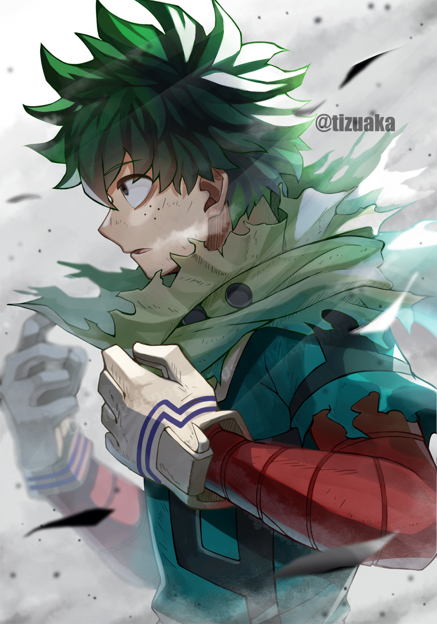 1boy bags_under_eyes bangs blurry blurry_background blurry_foreground boku_no_hero_academia costume debris depth_of_field dirty dirty_face dust_cloud freckles gloves green_eyes green_hair green_jumpsuit hands_up highres jumpsuit light_rays midoriya_izuku parted_lips red_sleeves serious short_hair solo tonbanlove torn_clothes upper_body white_gloves wind
