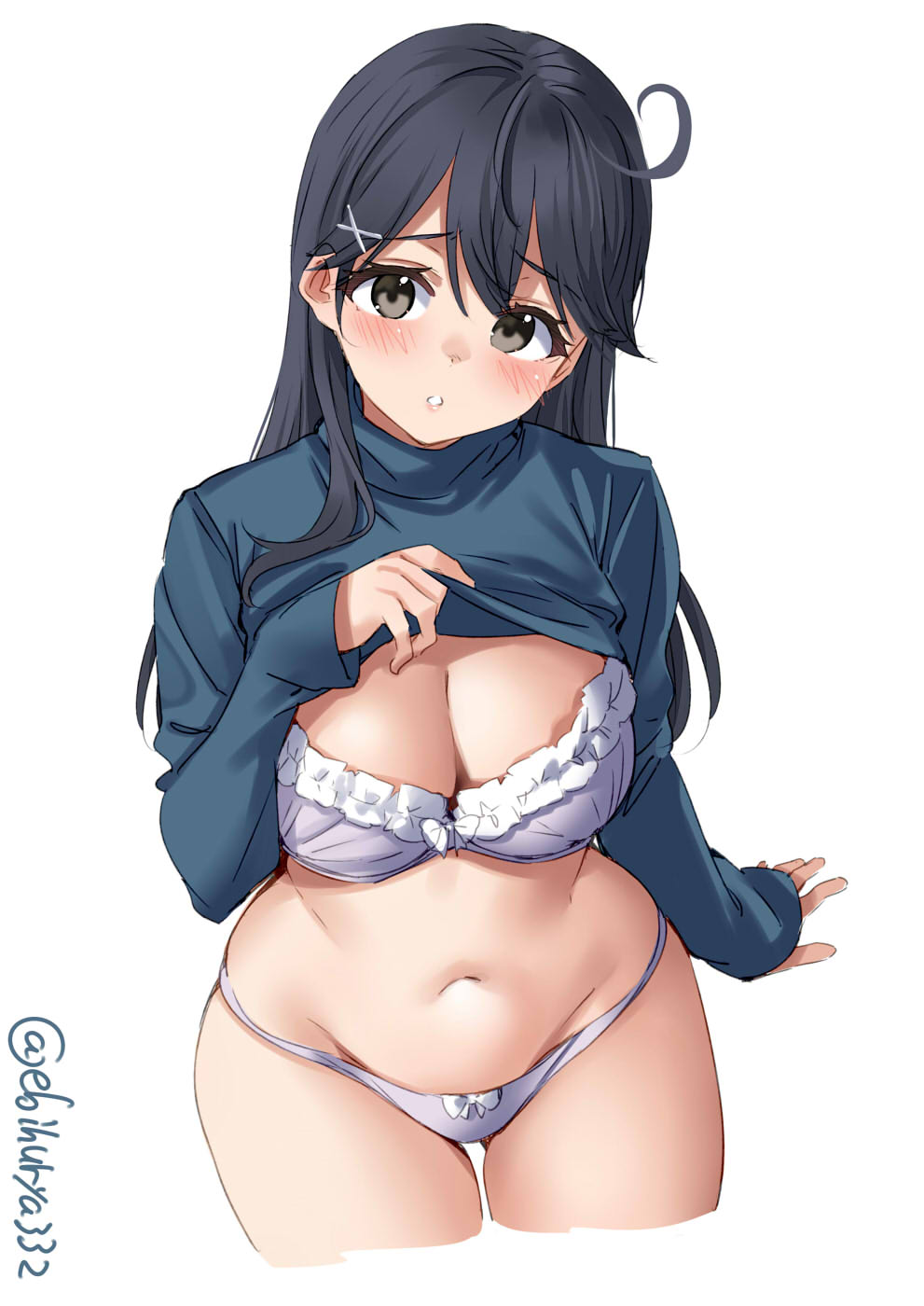 1girl ass_visible_through_thighs bangs blush bra breasts clothes_lift cropped_legs ebifurya eyebrows_visible_through_hair frilled_bra frills grey_eyes groin hair_between_eyes hair_ornament hand_up highres kantai_collection large_breasts lifted_by_self long_hair long_sleeves looking_at_viewer navel no_pants panties parted_lips purple_bra purple_panties raised_eyebrows simple_background sleeves_past_wrists solo turtleneck twitter_username underwear ushio_(kancolle) wide_hips x_hair_ornament