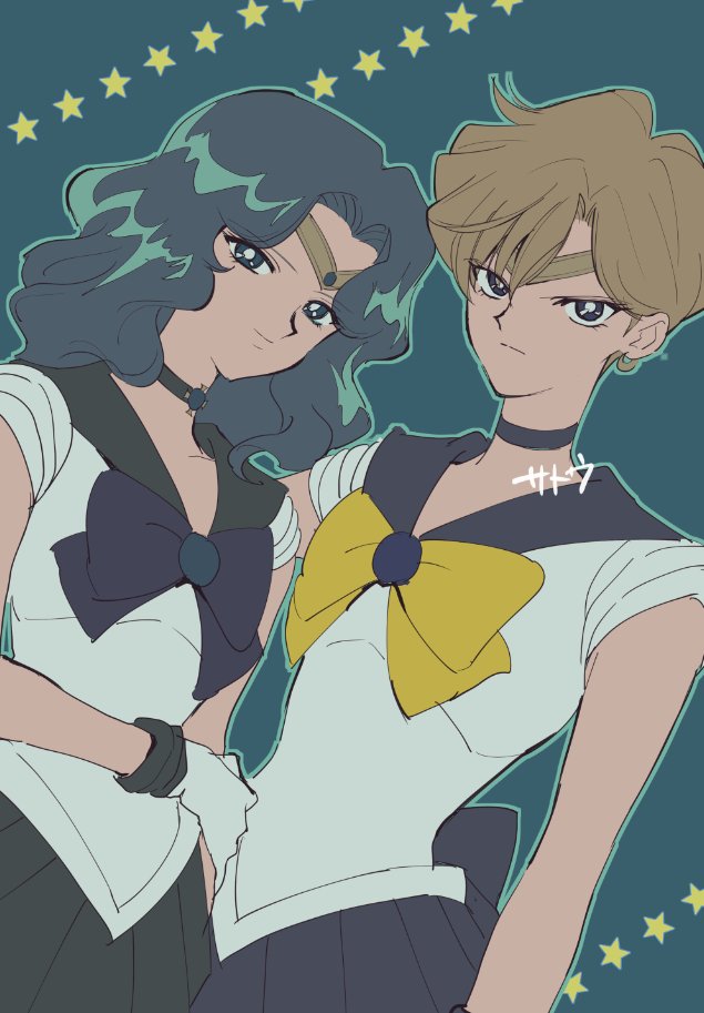 2girls 65sato65 aqua_hair bishoujo_senshi_sailor_moon blue_bow blue_choker blue_eyes blue_sailor_collar blue_skirt bow choker closed_mouth dutch_angle green_background green_sailor_collar green_skirt kaiou_michiru light_brown_hair multiple_girls outer_senshi sailor_collar sailor_neptune sailor_senshi sailor_senshi_uniform sailor_uranus short_hair skirt smile star_(symbol) ten'ou_haruka touhou very_short_hair yellow_bow