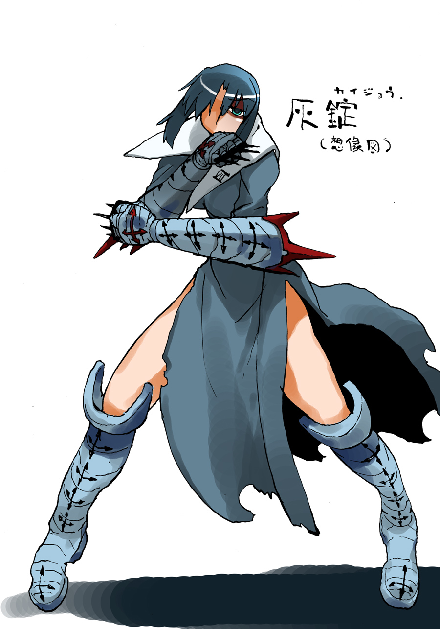 1girl armor armored_boots bangs black_dress blue_eyes blue_hair boots breasts ciel_(tsukihime) dress ebisawa_sekisai gauntlets hair_between_eyes highres long_sleeves looking_at_viewer medium_breasts nun pile_bunker short_hair solo tsukihime weapon