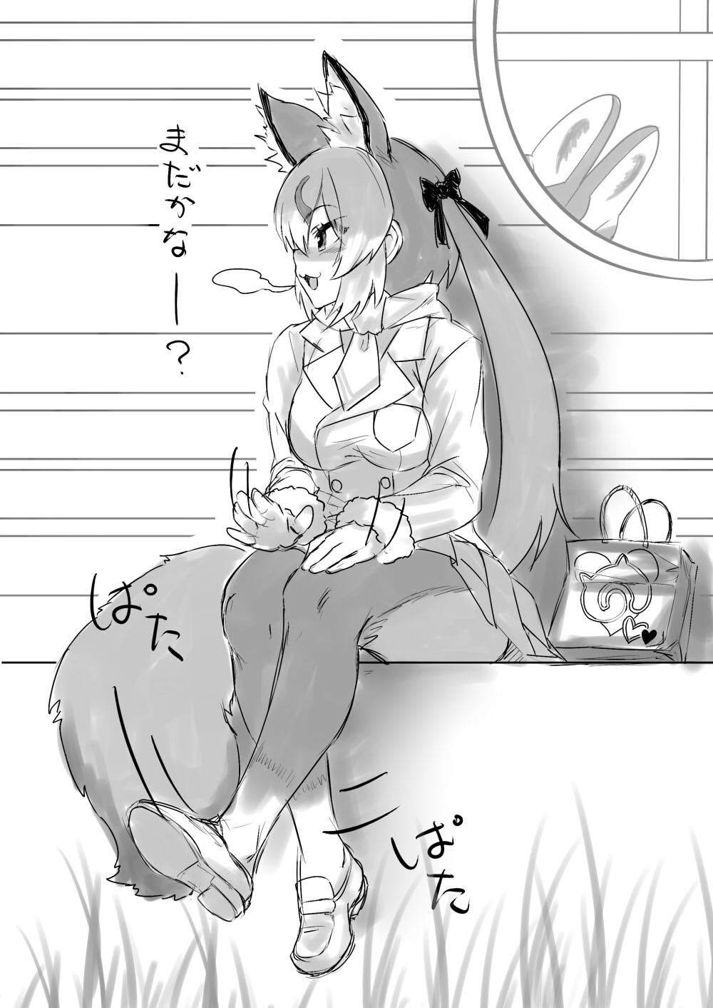 2girls animal_ears bag beret blush bow dhole_(kemono_friends) dog_ears extra_ears fox_ears fox_girl fox_tail greyscale hair_bow hat highres island_fox_(kemono_friends) jacket japari_symbol kemono_friends kemono_friends_3 kotons loafers long_hair long_sleeves monochrome multiple_girls necktie pantyhose pleated_skirt shoes sidelocks skirt tail translation_request twintails