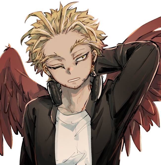 1boy arm_behind_head black_jacket blonde_hair boku_no_hero_academia clenched_teeth earrings facial_hair facial_mark facing_viewer feathered_wings goatee hand_on_own_neck hawks_(boku_no_hero_academia) head_tilt headphones headphones_around_neck jacket jewelry kadeart looking_to_the_side male_focus one_eye_closed open_clothes open_jacket red_feathers red_wings shirt short_hair simple_background solo stubble stud_earrings teeth tired upper_body white_background white_shirt wings yellow_eyes