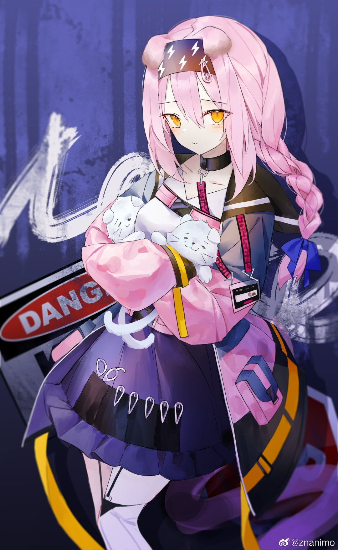 0_(znanimo) 1girl animal animal_ears arknights bangs black_choker black_hairband blue_bow bow braid cat cat_ears choker closed_mouth coat collarbone eyebrows_visible_through_hair feet_out_of_frame goldenglow_(arknights) graffiti hair_bow hairband high-waist_skirt highres holding holding_animal holding_cat lightning_bolt_print long_hair long_sleeves looking_at_viewer open_clothes open_coat pink_coat pink_hair purple_skirt scissors scottish_fold single_braid skirt solo standing thigh-highs white_legwear zettai_ryouiki