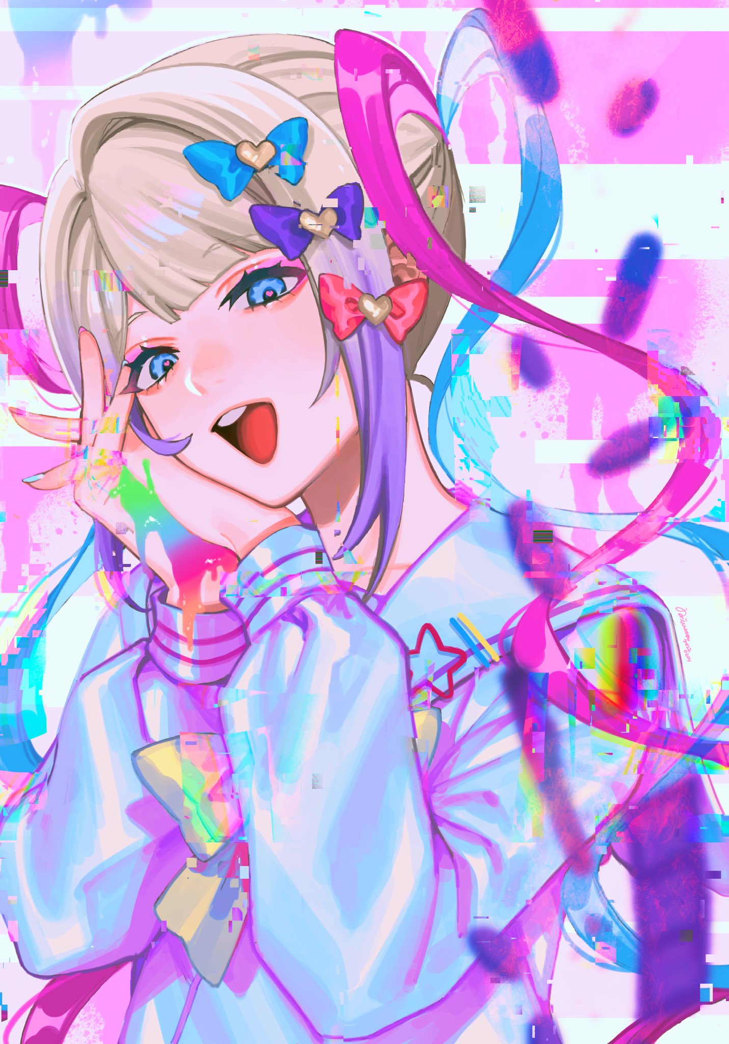 1girl bangs blue_eyes blue_hair blue_jacket bow chouzetsusaikawa_tenshi-chan drill_hair glitch hair_bow hands_on_own_face highres holographic_clothing jacket large_bow long_sleeves looking_at_viewer multicolored_hair needy_girl_overdose noriuma open_mouth own_hands_together paint_splatter pin pink_hair pink_pupils quad_tails sidelocks solo teeth twin_drills upper_teeth white_hair wig
