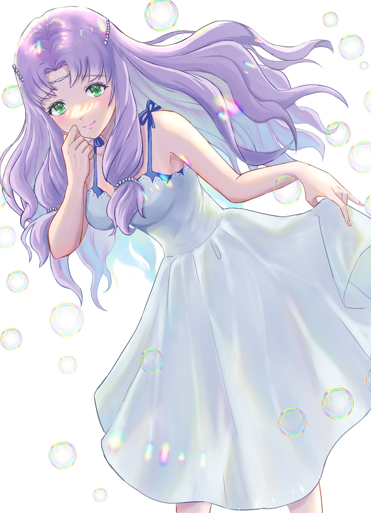 1girl bare_shoulders breasts bubble fire_emblem fire_emblem:_rekka_no_ken fire_emblem:_the_blazing_blade florina florina_(fire_emblem) green_eyes holding_dress lavender_hair leaning_forward long_hair looking_at_viewer medium_breasts purple_hair shy smile standing sundress white_dress