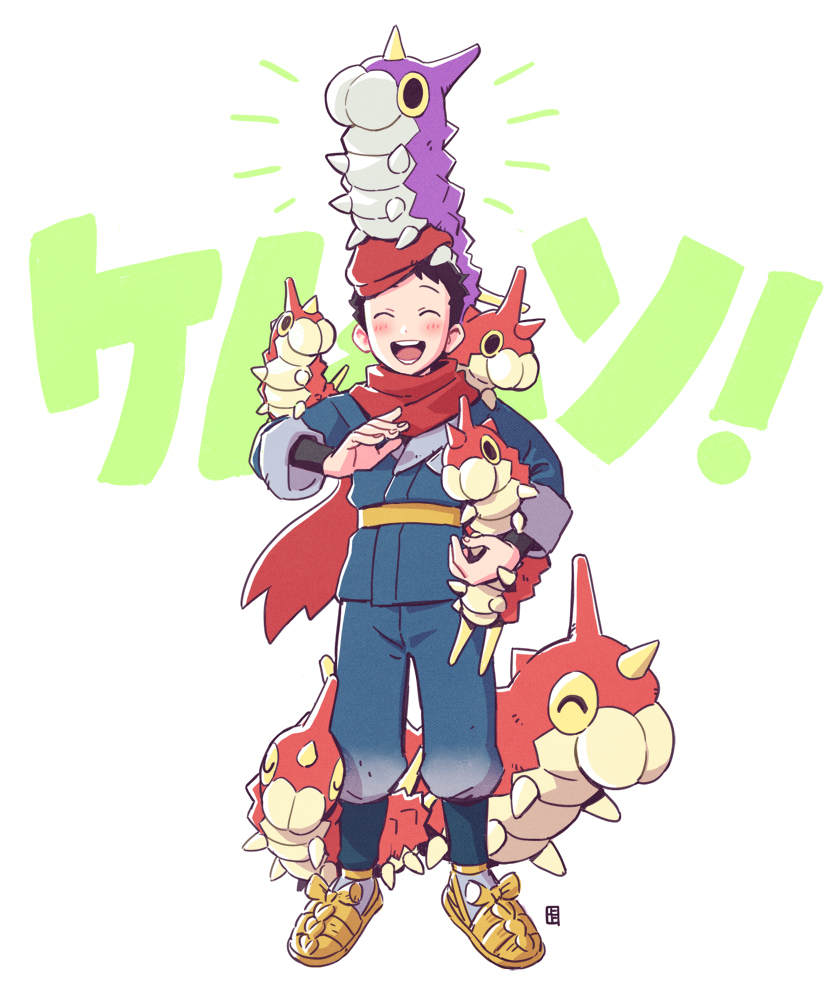 1boy a-ka alternate_color galaxy_expedition_team_survey_corps_uniform hat holding holding_pokemon horns on_shoulder pokemon pokemon_(creature) pokemon_(game) pokemon_legends:_arceus red_headwear red_scarf rei_(pokemon) scarf shiny_pokemon simple_background single_horn smile standing translation_request wurmple