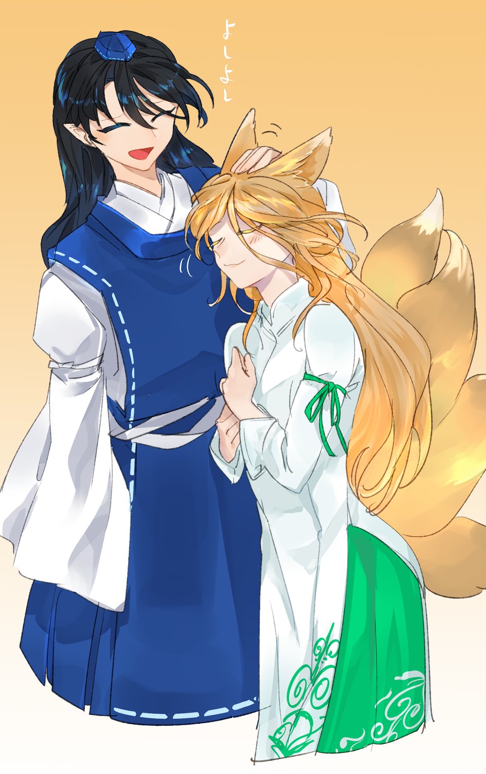 2girls :3 animal_ears arm_at_side arm_ribbon beige_background black_hair blonde_hair blue_dress blue_headwear blush chamaruku china_dress chinese_clothes closed_eyes closed_mouth collared_dress commentary cropped_legs dress fox_ears fox_girl fox_tail green_ribbon green_skirt hair_between_eyes hand_on_another's_head hand_on_own_chest hands_up hat headpat highres iizunamaru_megumu kudamaki_tsukasa long_hair long_sleeves multiple_girls multiple_tails older open_mouth own_hands_together ribbon ribbon-trimmed_dress ribbon_trim shirt simple_background skirt sleeveless sleeveless_dress tail tokin_hat touhou translated white_dress white_ribbon white_shirt wide_sleeves