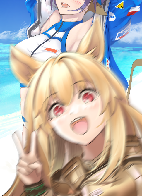 2girls animal_ears arknights armpit_peek arms_up bangs beach blonde_hair blue_sky blurry blurry_foreground breasts ceobe_(arknights) clouds commentary_request dog_ears eyebrows_visible_through_hair eyes_visible_through_hair fang hair_between_eyes infection_monitor_(arknights) light_blush long_hair long_sleeves looking_at_viewer midriff_peek multiple_girls off-shoulder_shirt off_shoulder open_mouth photobomb purple_hair red_eyes shirt shore short_hair sideroca_(arknights) sideroca_(light_breeze)_(arknights) sky teeth v yokaze_(yokajie)