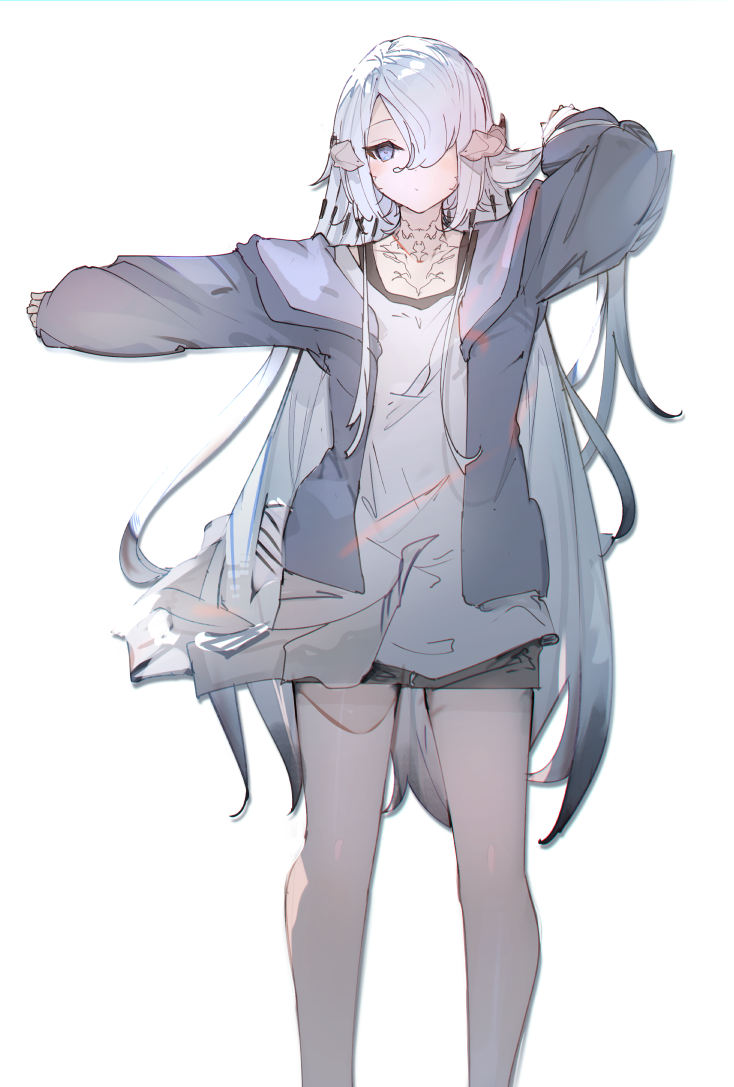 1girl arm_up au_ra bangs black_jacket black_shorts blue_eyes blush closed_mouth commentary_request feet_out_of_frame final_fantasy final_fantasy_xiv hair_over_one_eye jacket long_hair long_sleeves open_clothes open_jacket outstretched_arm puffy_long_sleeves puffy_sleeves shirt short_shorts shorts simple_background sleeves_past_wrists solo standing tota_(sizukurubiks) very_long_hair white_background white_hair white_shirt