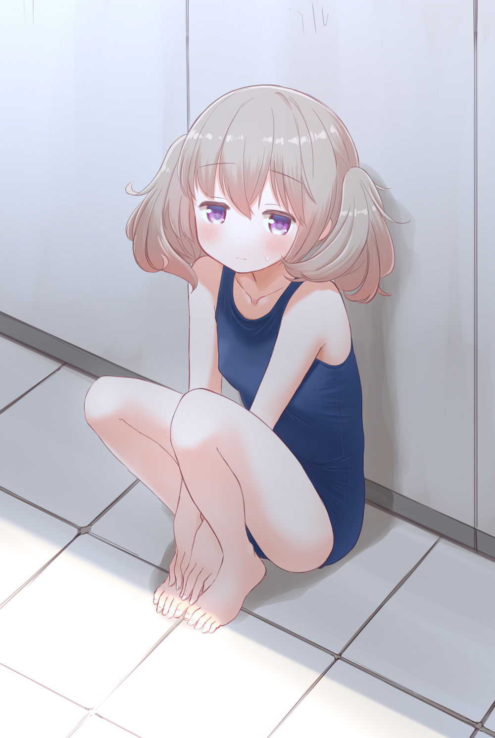 1girl 3: bangs bare_arms bare_legs bare_shoulders barefoot blue_swimsuit blush closed_mouth collarbone commentary_request day dot_nose eyebrows_visible_through_hair feet_together from_side full_body grey_hair hair_between_eyes highres knees_up light_brown_hair light_frown looking_at_viewer medium_hair new_school_swimsuit one-piece_swimsuit own_hands_together petite retsumaru school_swimsuit shade sitting slow_loop solo split_mouth sweat swimsuit tile_floor tiles toes twintails v_arms vignetting violet_eyes yoshinaga_koi