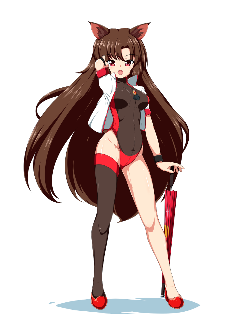 1girl animal_ears arms_behind_head breasts brown_hair gem high_heels imaizumi_kagerou jacket jewelry kagayama_hajime leotard medium_breasts necklace open_clothes open_jacket racequeen red_eyes stiletto_heels thigh-highs touhou umbrella white_background wolf_ears