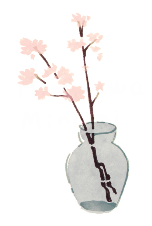 artist_name branch cherry_blossoms flower hirasawa_minami no_humans no_lineart original partially_immersed pink_flower plant refraction ripples simple_background still_life vase water white_background