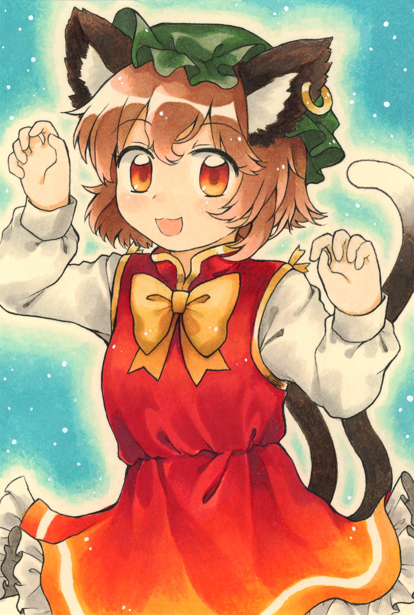 1girl animal_ears bow bowtie breasts brown_eyes brown_hair cat_ears cat_tail chen claw_pose dress earrings frilled_dress frills green_headwear happy hat highres jewelry maa_(forsythia1729) mandarin_collar mob_cap multiple_tails nekomata open_mouth orange_dress shirt short_hair single_earring sleeveless sleeveless_dress small_breasts tail touhou traditional_media two_tails white_shirt white_sleeves yellow_bow yellow_bowtie