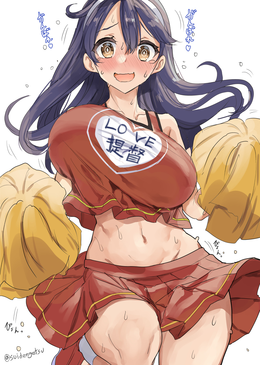 1girl ahoge alternate_costume black_hair breasts brown_eyes cheering cheerleader clothes_writing commentary_request cowboy_shot crop_top crop_top_overhang flying_sweatdrops highres holding holding_pom_poms kantai_collection large_breasts long_hair midriff miniskirt mizuta_kenji one-hour_drawing_challenge pleated_skirt pom_pom_(cheerleading) red_skirt simple_background skirt solo twitter_username ushio_(kancolle) white_background