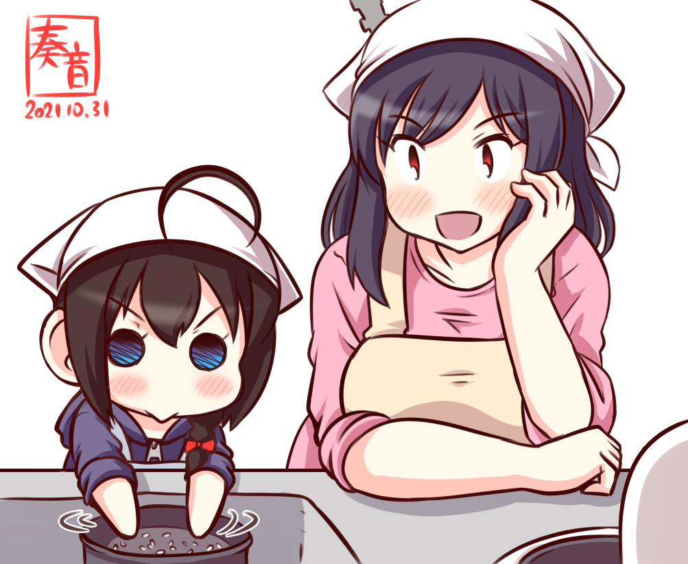 2girls ahoge alternate_costume artist_logo beige_apron black_hair blue_eyes blue_hoodie braid brown_hair dated hair_ornament hair_over_shoulder head_scarf hood hood_down hoodie kanon_(kurogane_knights) kantai_collection multiple_girls one-hour_drawing_challenge open_mouth pink_shirt red_eyes rice rice_cooker shigure_(kancolle) shirt short_hair simple_background single_braid smile white_background yamashiro_(kancolle) younger zipper_pull_tab