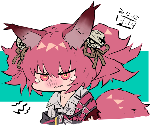 1girl animal_ears arknights bangs black_jacket blush chibi closed_mouth collared_shirt cropped_torso dated eyebrows_behind_hair fbc green_background hair_between_eyes jacket nose_blush off_shoulder pink_hair red_eyes shamare_(arknights) shirt solo tail tears twintails two-tone_background upper_body v-shaped_eyebrows wavy_mouth white_background white_shirt