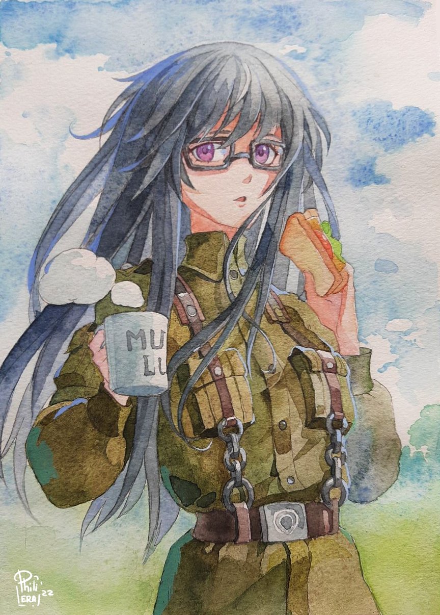 1girl artist_name bangs belt black_hair brown_belt clouds cup english_commentary food glasses gretel_jeckeln highres holding holding_cup holding_food military military_uniform mixed-language_commentary mug muvluv muvluv_alternative open_mouth painting_(medium) philiera russian_commentary sandwich schwarzesmarken sky solo steam traditional_media tree uniform violet_eyes watercolor_(medium)